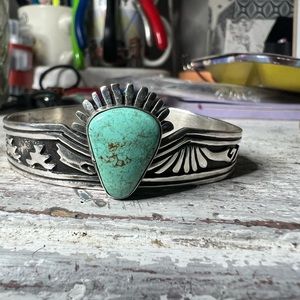 Vintage Native American sterling silver/ turquoise signed cuff